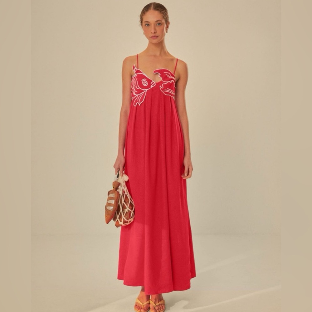 Koi Fish Embroidered Asymmetrical Maxi Dress midi tropical - Picture 10 of 11